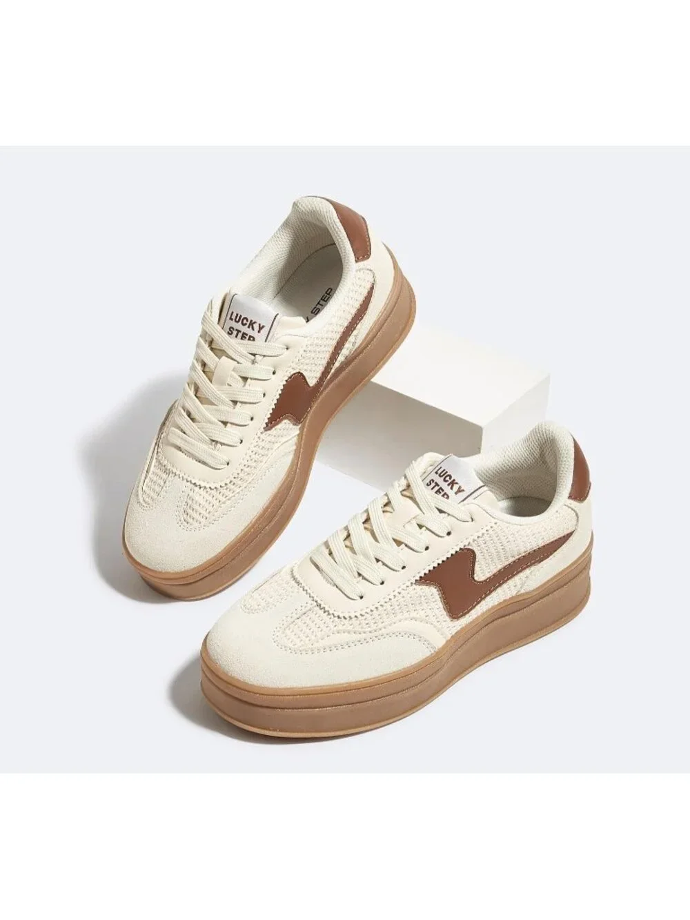 🆕Women's Beige Brown Platform Fashion Sneakers Thick Sole Casual Walking Shoes